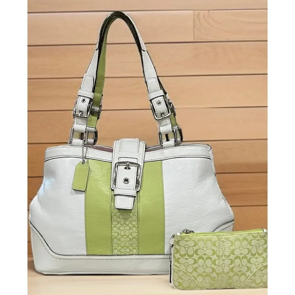 Y2K Coach F11345 Hamptons Leather Striped Satchel Bag & Mini Signature Wristlet